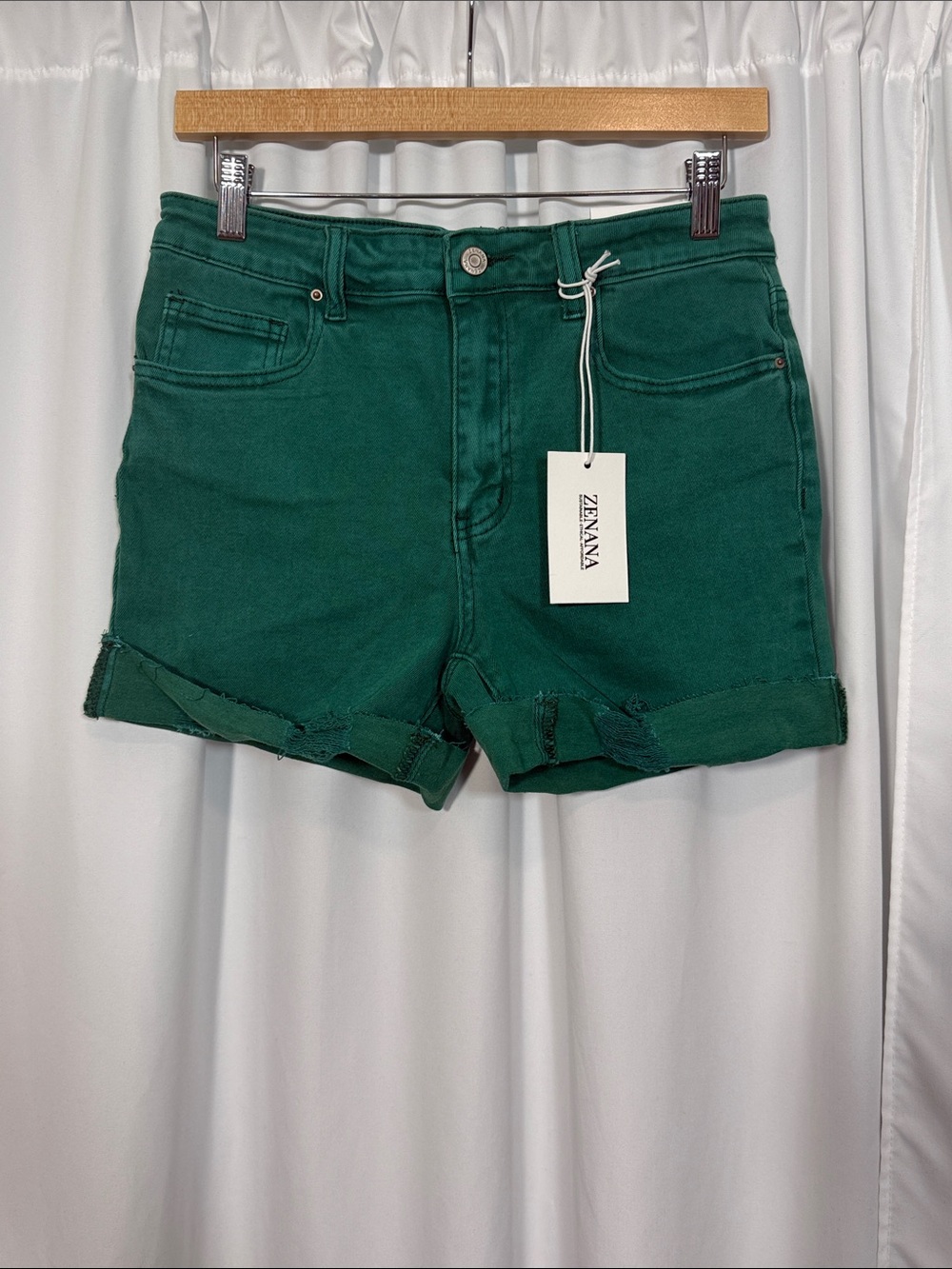 Zenana Outfitters Deep Green Rolled-Cuff Denim Shorts